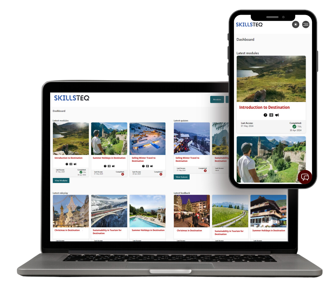 SkillsTeq roleplay training interface on desktop and mobile devices